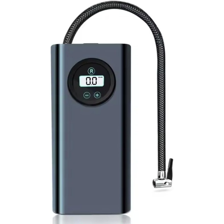 Compresor de aer portabil pentru anvelope auto, motociclete si biciclete, alimentat cu baterie, cu ecran digital, lumina LED, compact, usor