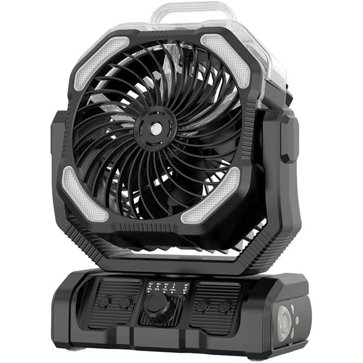 Ventilator portabil cu atomizare, acumulator 20000mAh, lanterna LED, oscilatie automata, negru, dimensiuni 28x20x10cm