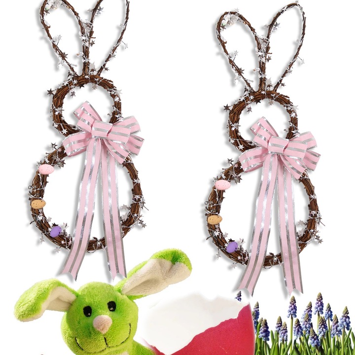 Set 2 coronite decorative de Paste, ornament rattan iepuras, accesorii pentru usi interioare