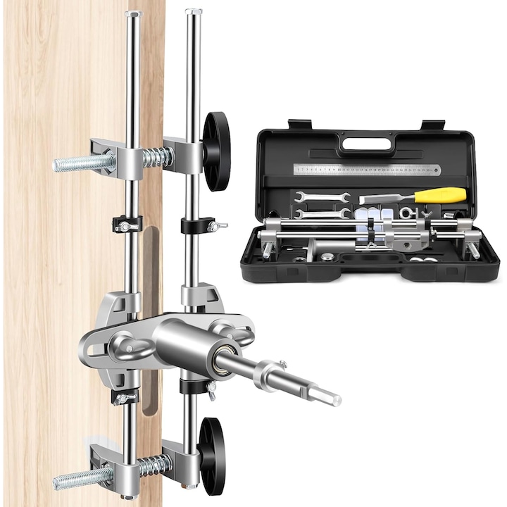 Kit pentru frezare incastrare broasca, ghidaj vertical cu opritoare si suruburi de ajustare, trei freze din otel de tungsten 18/22/25 mm, covoras antialunecare 45x34 cm, compatibil usi 25–90 mm, Argintiu, 1 set