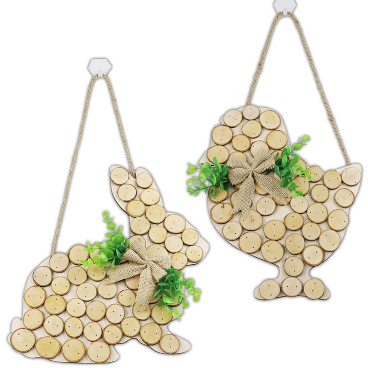 Set decorativ de Paste din lemn cu iepuras si pui, suport pentru usa, 2 piese