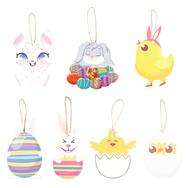 Set de 14 oua de Paste din lemn, 7 decoratiuni oua de Paste, design cu decupaje, accesorii decorative