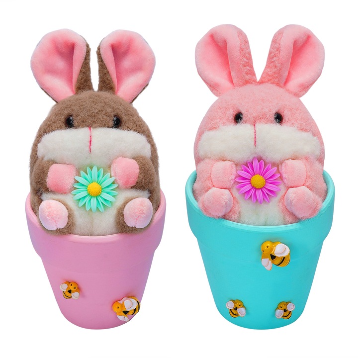 Set 4 pachete decoratiuni de Paste, iepurasi, decoratiuni pentru platouri, ghivece cu flori plush iepuras.