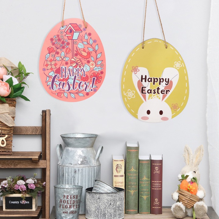 Set de decoratiuni de Paste cu oua suspendate, ornamente din sfoara de canepa si placi din lemn