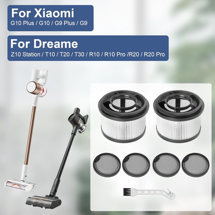 Set filtre HEPA pentru aspirator, compatibil cu Xiaomi G10 Plus/G10/G9 Plus/G9, Dreame Z10 Station/T10/T20/T30/R10/R10 Pro/R20/R20 Pro, lavabil si reutilizabil, filtrare inalta eficienta, antibacterian, alb/negru, 2 filtre HEPA, 4 prefiltre, 1 perie
