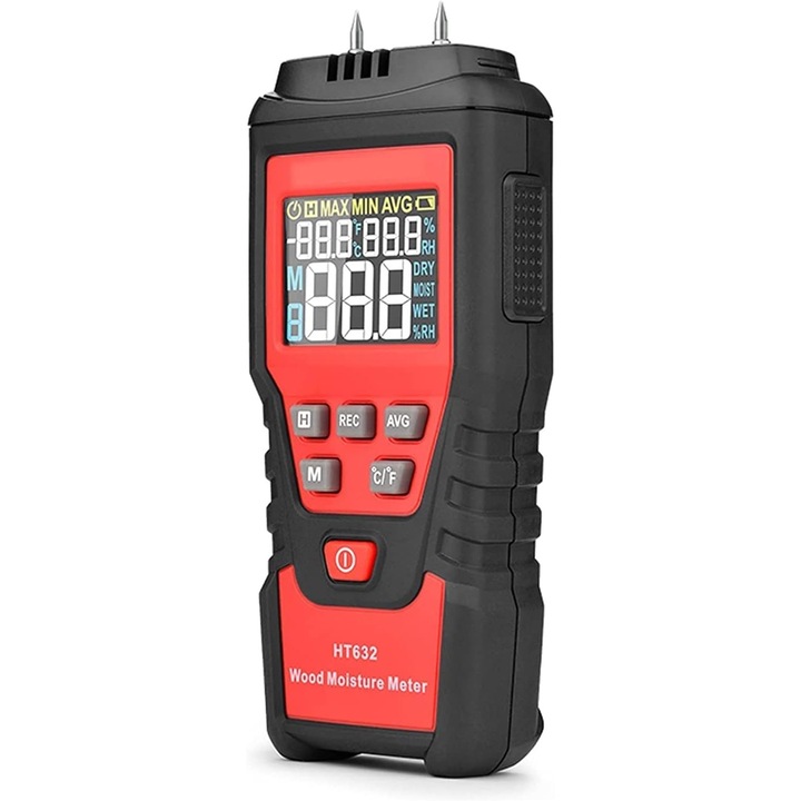 Metru de umiditate digital cu doua ace, 0-99.9% umiditate lemn, pentru materiale de constructie, compact, usor de utilizat