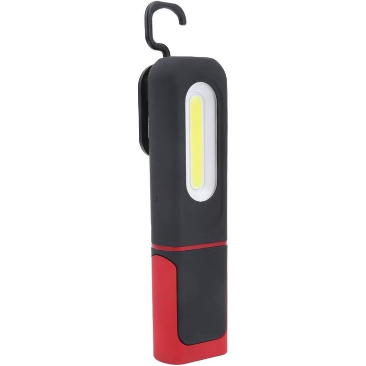 5W újratölthető COB munkalámpa, hordozható zseblámpa gyors USB töltéssel, 180°-ban forgatható tartóval és mágnessel, 3 mód, fekete/piros, 1 db