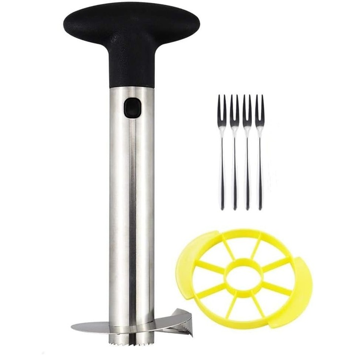 Cutter ananas din otel inoxidabil, set cu 4 furculite, design ergonomic, usor de utilizat, compact