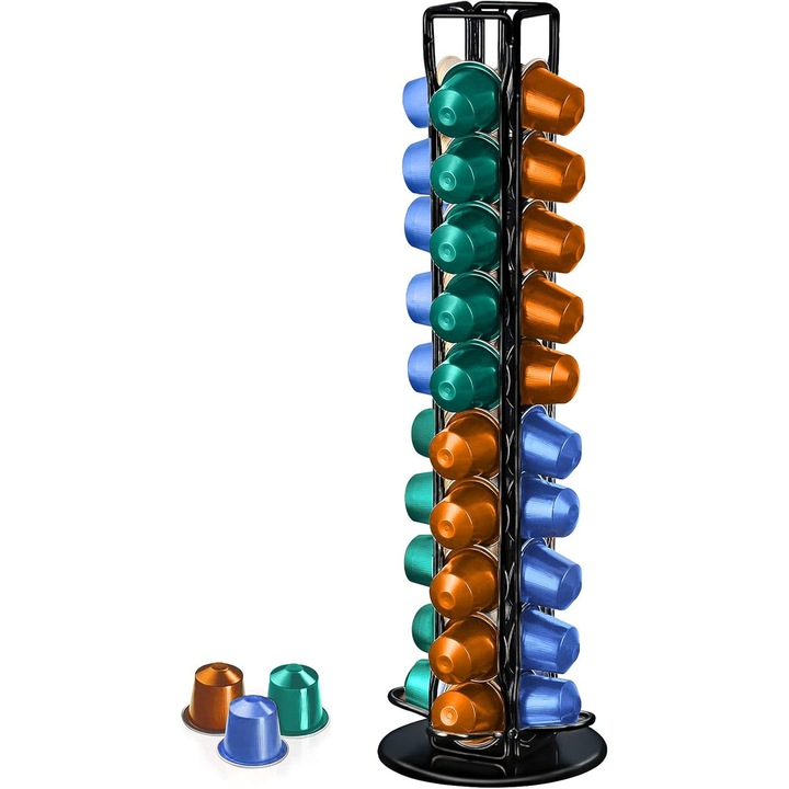 Suport rotativ pentru capsule de cafea, capacitate mare (40 capsule), metal rezistent, cromat, negru