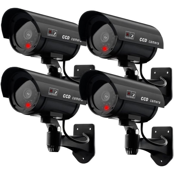 Комплект фалшиви камери за наблюдение, 4 броя, мигащи LED светлини, черен