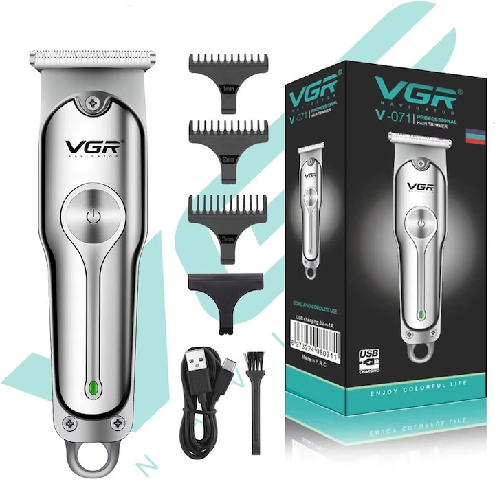 Aparat de tuns profesional pentru barbati, masina de tuns par reincarcabila, trimmer portabil fara fir cu lama T, precis si usor de utilizat, Argintiu