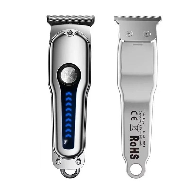 Aparat de tuns si ras profesional pentru barbati, USB reincarcabil, argintiu, cu lame T detasabile si ecran LED, pentru acasa sau frizerie