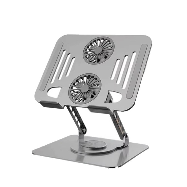 Suport Laptop din Aluminiu, Ergonomic, Reglabil pe Inaltime, cu Ventilatie Dubla, Pliabil si Rotativ, Compatibil pana la 17 inch – Argintiu