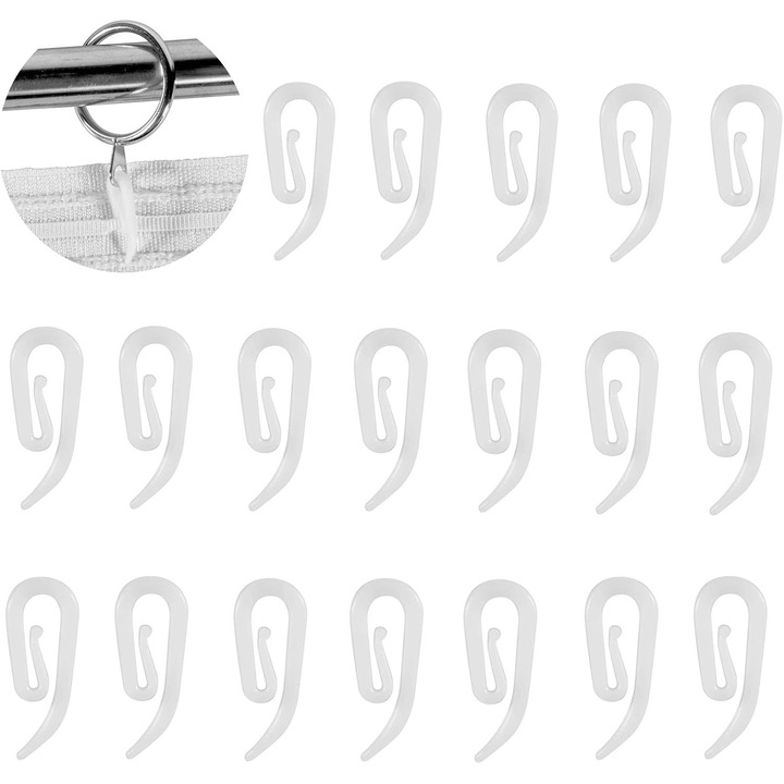Set 200 carlige din plastic pentru perdele, alb, dimensiune standard 8mm
