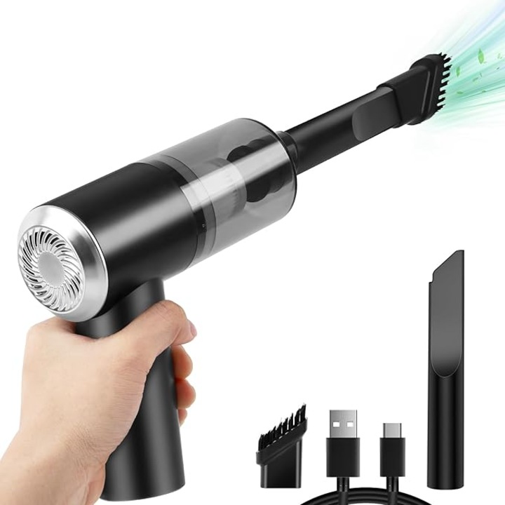 Hordozható mini autós porszívó LED fénnyel, kompakt design, tartozékokkal