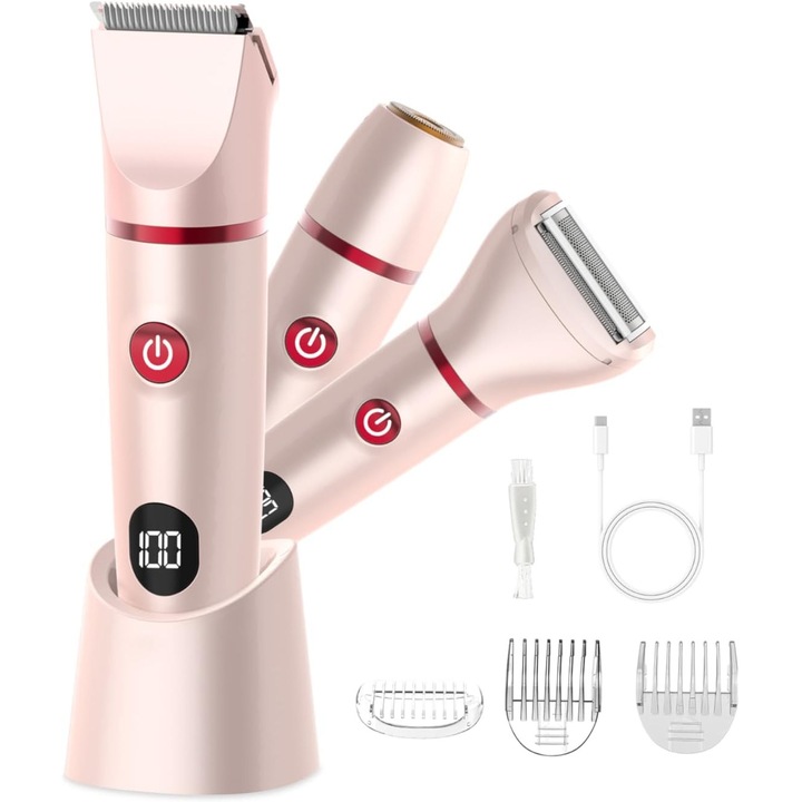 Epilator electric 3 in 1 pentru zona intima, waterproof, roz