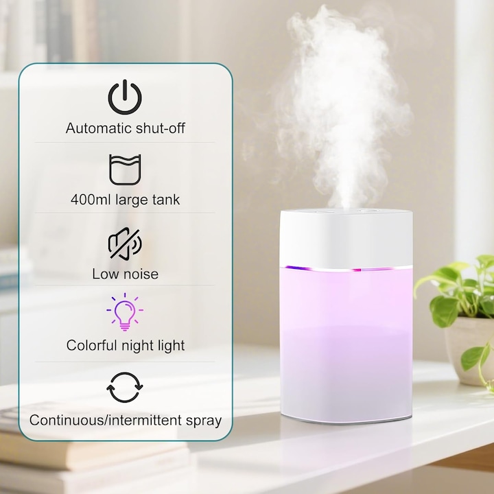 Umidificator de aer, 2L capacitate mare, design compact, alb, moduri de pulverizare continue si intermitente