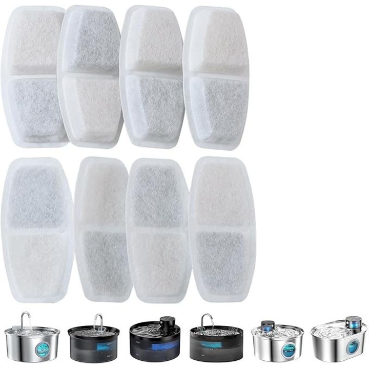 Set de 8 cartuse filtrante pentru fantana de apa pentru animale, filtrare eficienta, dimensiuni 10x15cm