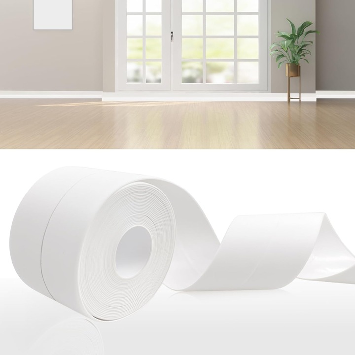 Plinta autoadeziva flexibila / banda de etansare PVC, din PVC flexibil, autoadeziva, rezistenta la abraziune si la umezeala, Alb, 6.4 m (19 mm inaltime)