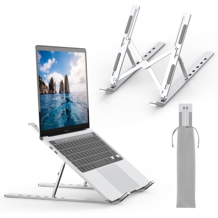 Suport laptop ajustabil, aluminiu, 6 niveluri de inaltime, design compact si usor, 10x17.3 inch, argintiu