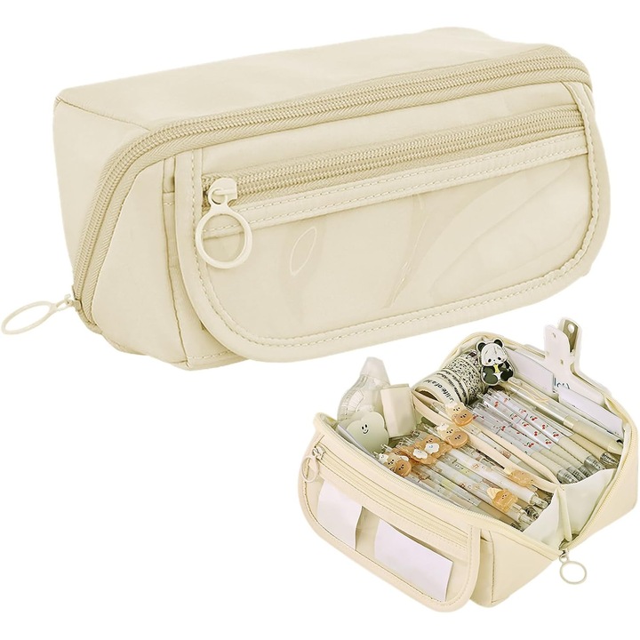 Penar, capacitate mare, 9 compartimente, deschidere larga, multifunctional, impermeabil, bej, 20x8.5x8.5cm