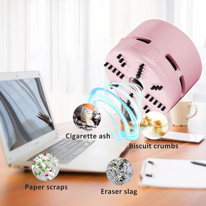 Aspirator mini desktop, portabil, alimentat cu baterii, roz, set de curatare pentru birou si masina
