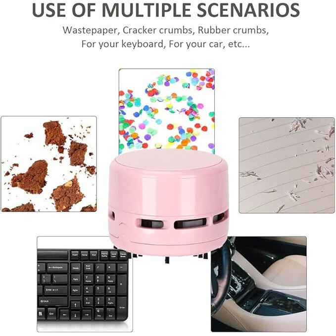 Aspirator mini desktop, portabil, alimentat cu baterii, roz, set de curatare pentru birou si masina