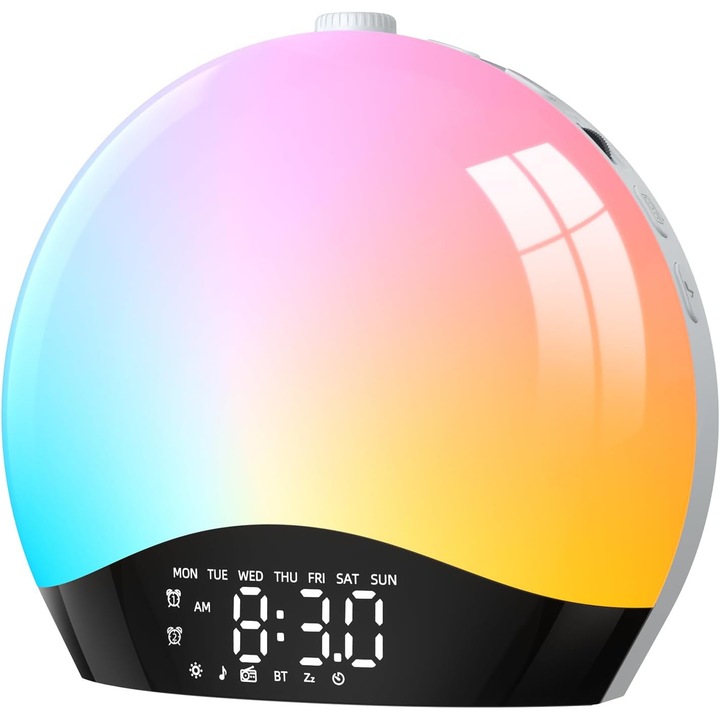 Будилник с LED светлина, симулация на изгрев, Bluetooth, 20 нива на яркост, 2 аларми, бял