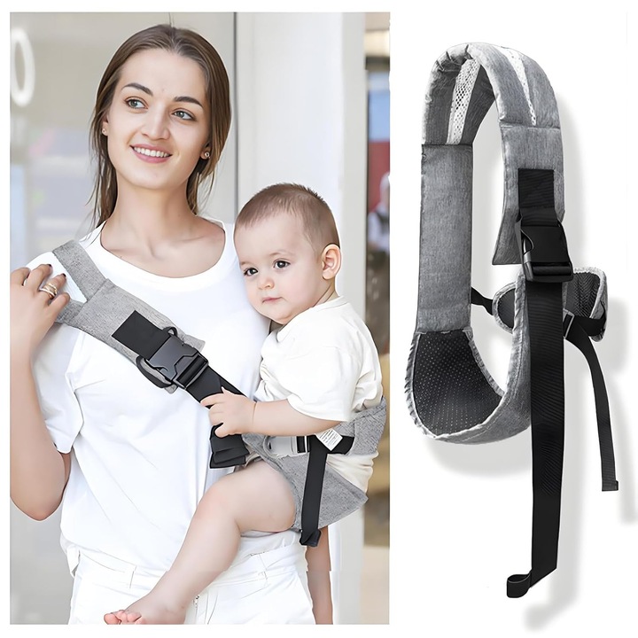 Marsupiu portabil pentru bebelusi, suport lateral, curea anti-alunecare, gri, 120x145cm