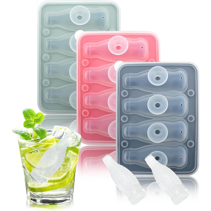 Set 3 forme cuburi de gheata din silicon, negru + verde + rosu, cu capac, flexibile, rezistente, fara BPA
