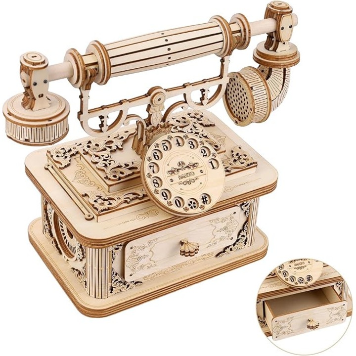 Puzzle 3D din lemn - Telefon vintage, asamblare manuala, decorativ, multicolor, dimensiuni variate