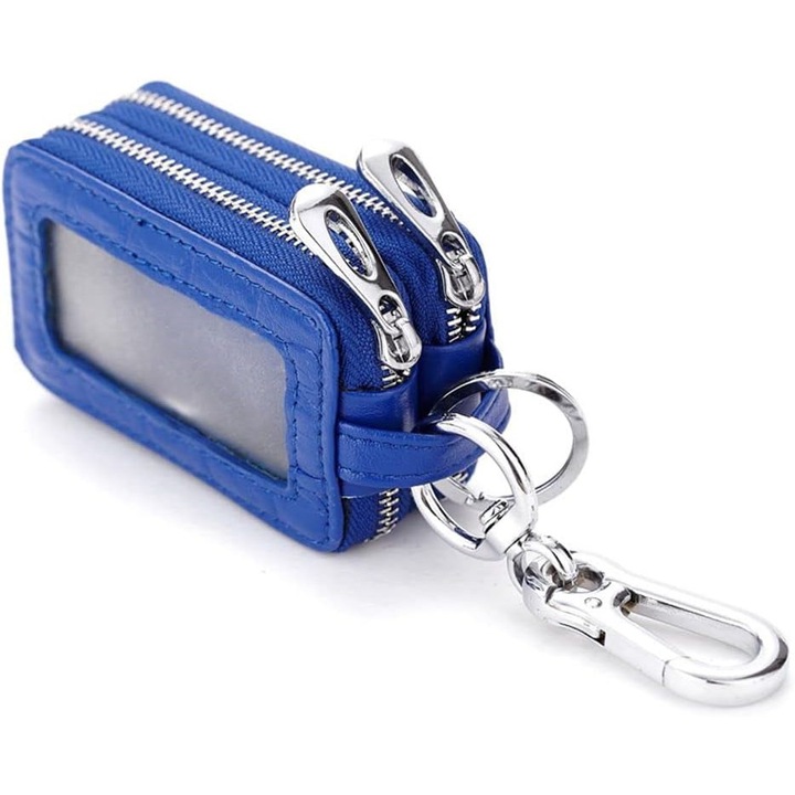 Breloc din piele, capacitate mare, albastru regal, cu 2 inele pentru chei, stil suspendat