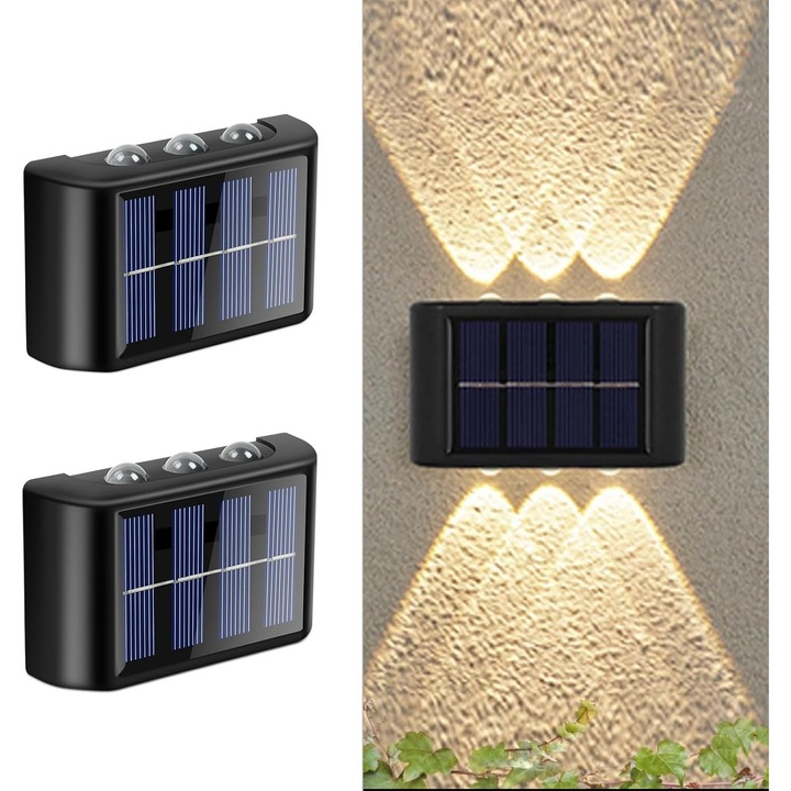 Комплект от 2 соларни стенни лампи, 6 LED, водоустойчиви IP65, за външно ползване, енергийно ефективни, осветление за градина, балкон, тераса