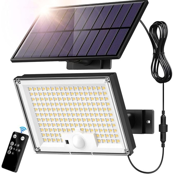 LED соларна лампа 172, сензор за движение, дистанционно управление, IP65, студено бяла, 6000K, 40кв.м