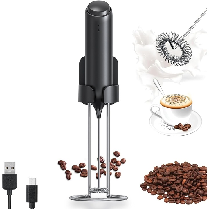 Frother electric pentru lapte, mini, din otel inoxidabil, incarcare USB, design compact