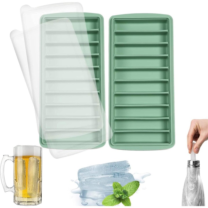 Tava pentru inghetate din silicon, set de 2 bucati, capac, verde bambus, 10 forme, potrivita pentru sticle de apa