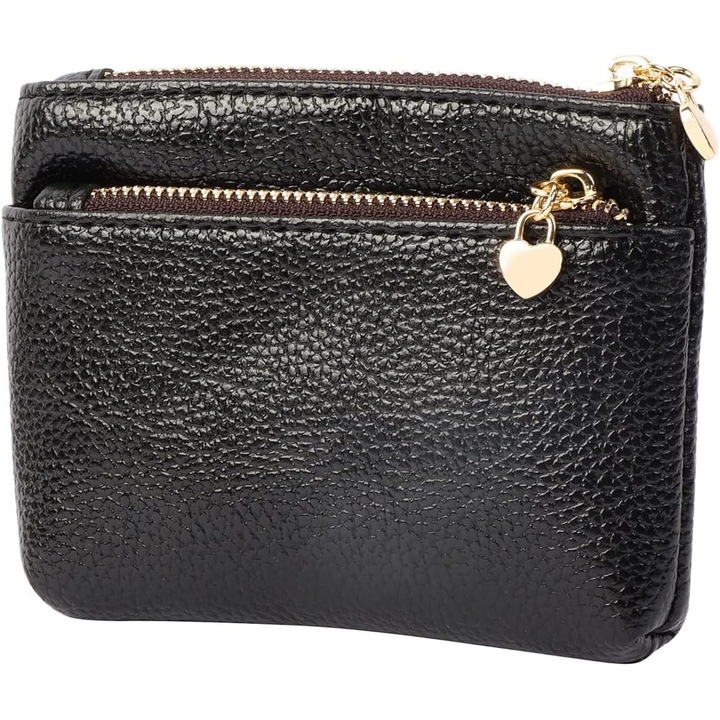 Portofel mini dama din piele, compartiment principal si 2 buzunare cu fermoar, negru, dimensiuni mici