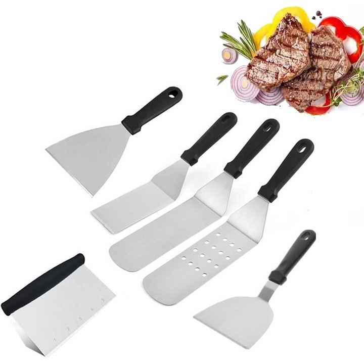 Set ustensile gratar 6 piese, spatula din otel inoxidabil, accesorii pentru gratar, utilizare in aer liber, camping