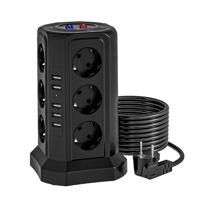 Prelungitoare verticala 17-in-1, 12 prize Schuko, 5 porturi USB-A, 4000W, cablu de 2 metri, protectie la supratensiune, negru