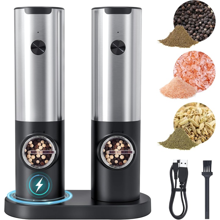 Set rasnite electrice pentru sare si piper, capacitate 70ml, inox, 5 niveluri de granulatie, LED, reincarcabile USB-C