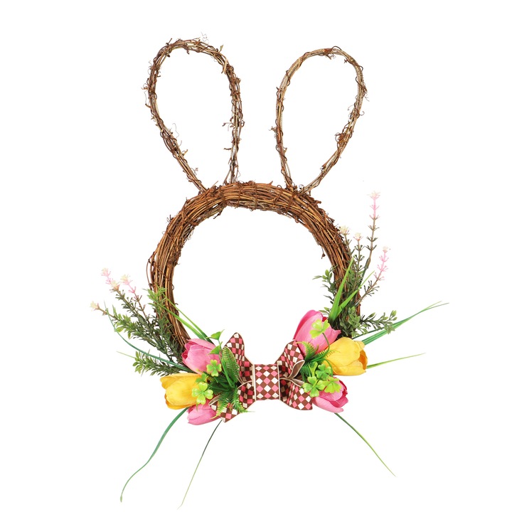 Set de 2 coroane decorative cu lalele pentru usa din fata, iepurasi de Paste, plastic, multicolor