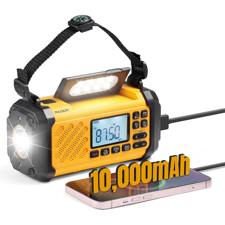 Radio portabil SH-906 10000mAh cu solar, lumina de citit, SOS, compas, incarcator telefon, pentru supravietuire in aer liber