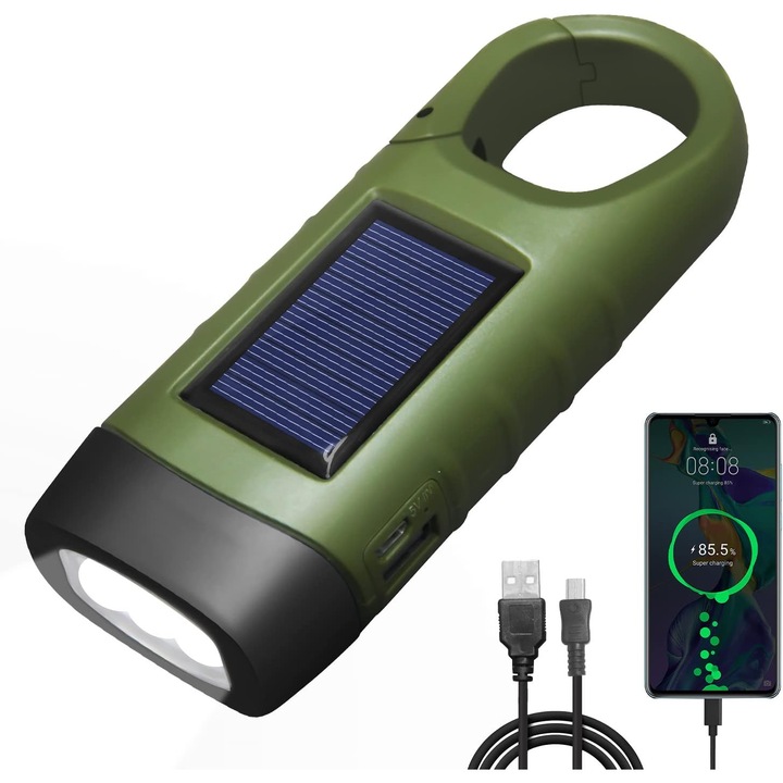 Lanterna LED reincarcabila USB, verde, cu generator pentru incarcare telefoane mobile, clip pentru drumetii