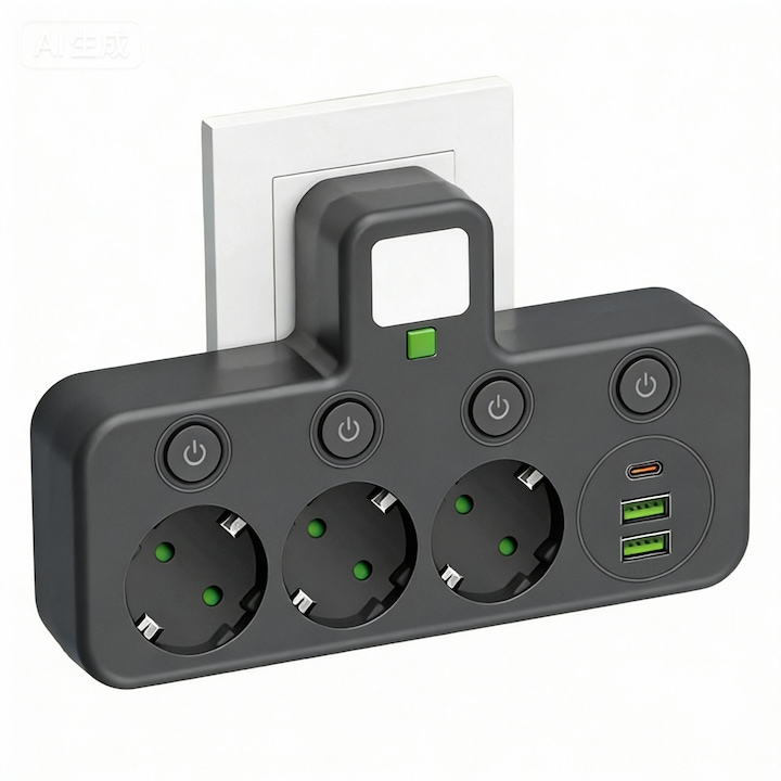 Priza Multipla 7-in-1, sktonefly®, 2500W, 3 Prize, 2xUSB-A/1xUSB-C, 4 Intrerupatoare Individuale, Lumina de Veghe, Protectie Suprasarcina si Copii, Design Fara Cablu, Pentru Birou, Casa, Negru