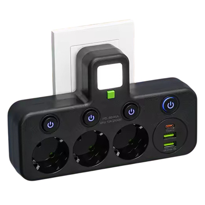 Sktonefly hosszabbító 3 aljzattal 2500W, 3 USB porttal, fekete