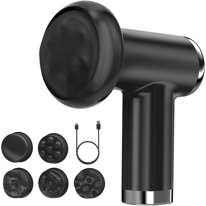 Aparat Profesional de Masaj Anticelulitic si Remodelare Corporala, sktonefly®, 5 Capete Interchimbabile, 6 Trepte de Intensitate, 3600 RPM, Fara Fir, Reincarcabil USB-C, Tonifiere si Relaxare Musculara, Pentru Gat, Spate, Umeri, Picioare, Abdomen, Negru