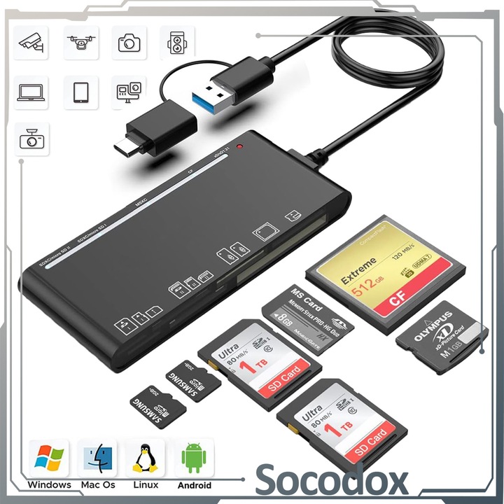 Cititor De Card Cu Adaptor 7 In 1, Socodox, USB-A 3.0 & USB-C, suport SD/TF/CF/XD/MS, Compatibil Cu Apple/Samsung/Huawei/PC, ABS, Negru