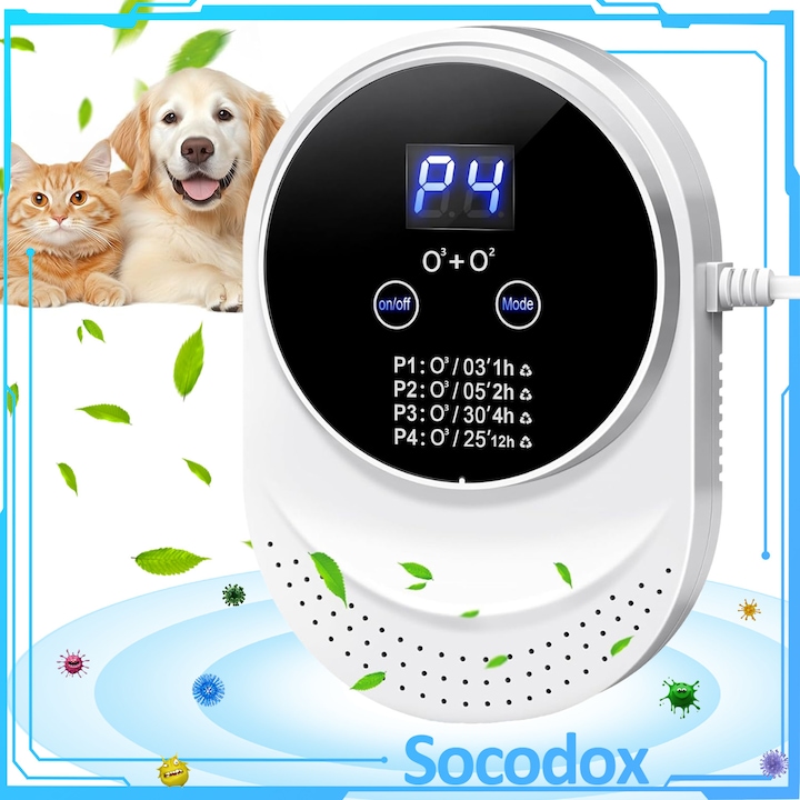 Purificator de aer cu ozon, Socodox, 4 Viteze, 150mg/h, Mod AUTO, elimina mirosurile, sterilizeaza, pastreaza prospetimea, pentru spatii cu suprafete intre 5-30 mp, potrivit pentru bucatarii, dulapuri de pantofi, interioare auto, Alb