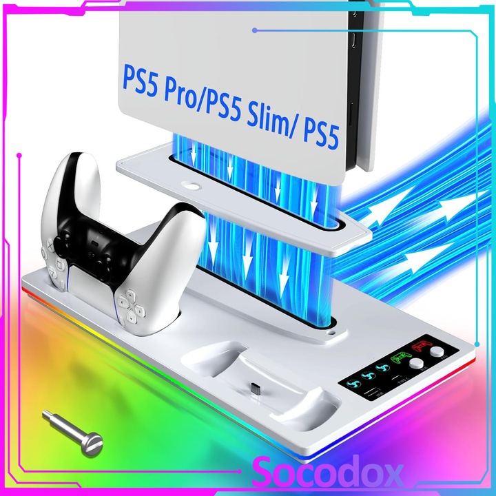 PS5 hűtőállvány tartóval és kontroller töltőállomással, Socodox, 3 ventilátor, RGB, tartozékkészlet