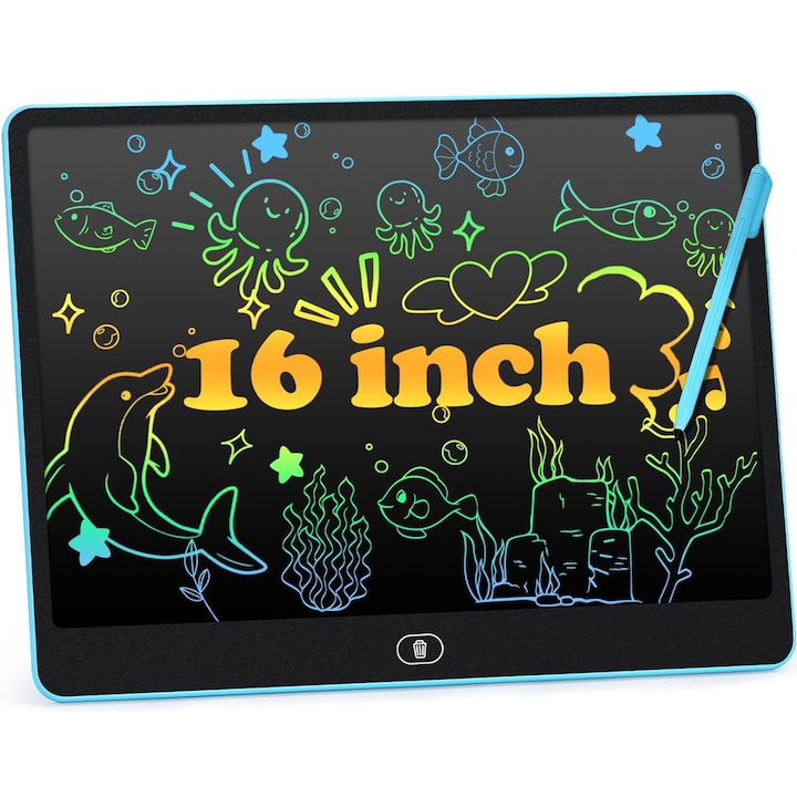 Tableta de scris si desenat LCD pentru copii, 16 inch, sktonefly®, ecran mare cu protectie oculara, tableta educativa interactiva, buton stergere si blocare, stylus inclus, 3ani+, albastru
